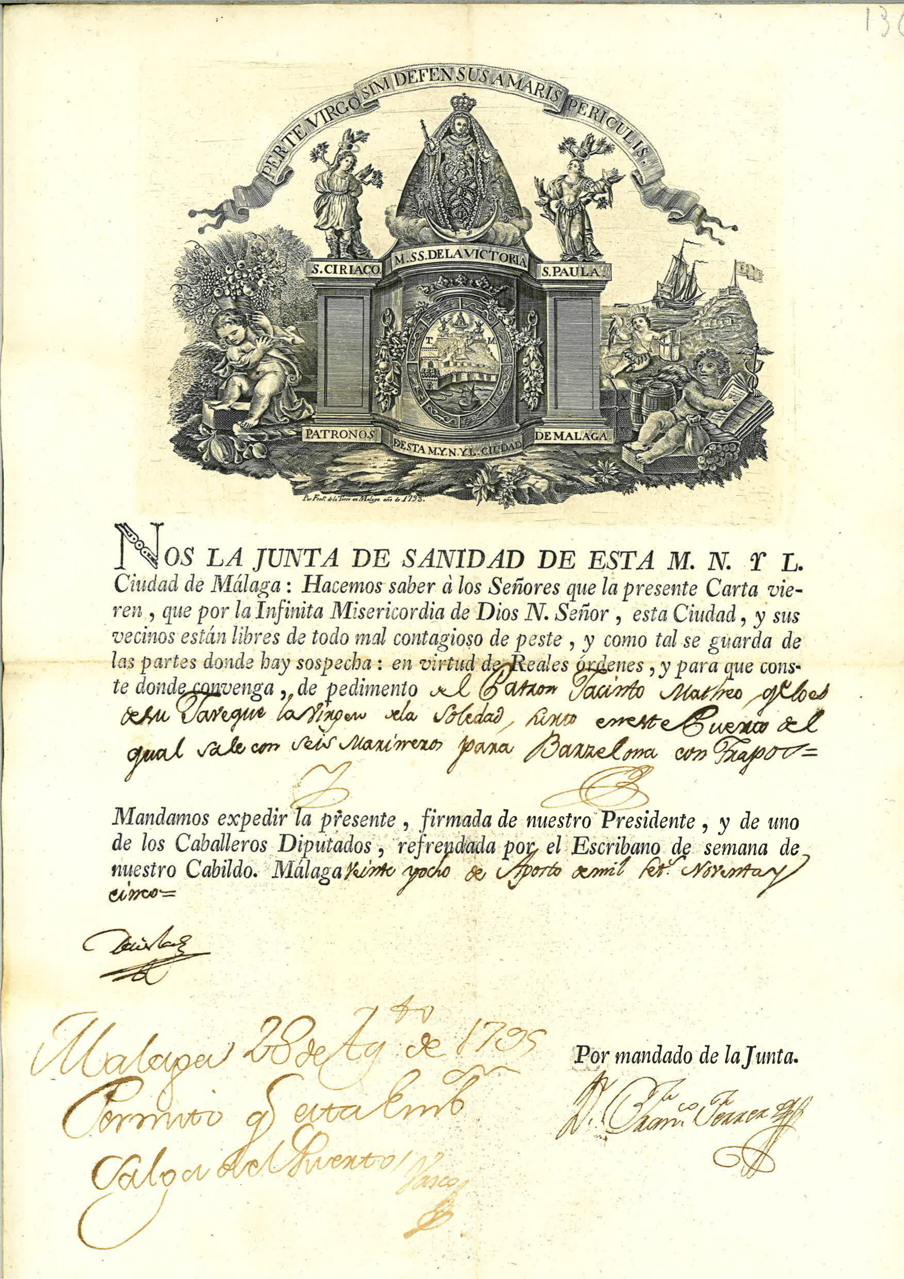 Patente sanitaria de Málaga. 1793