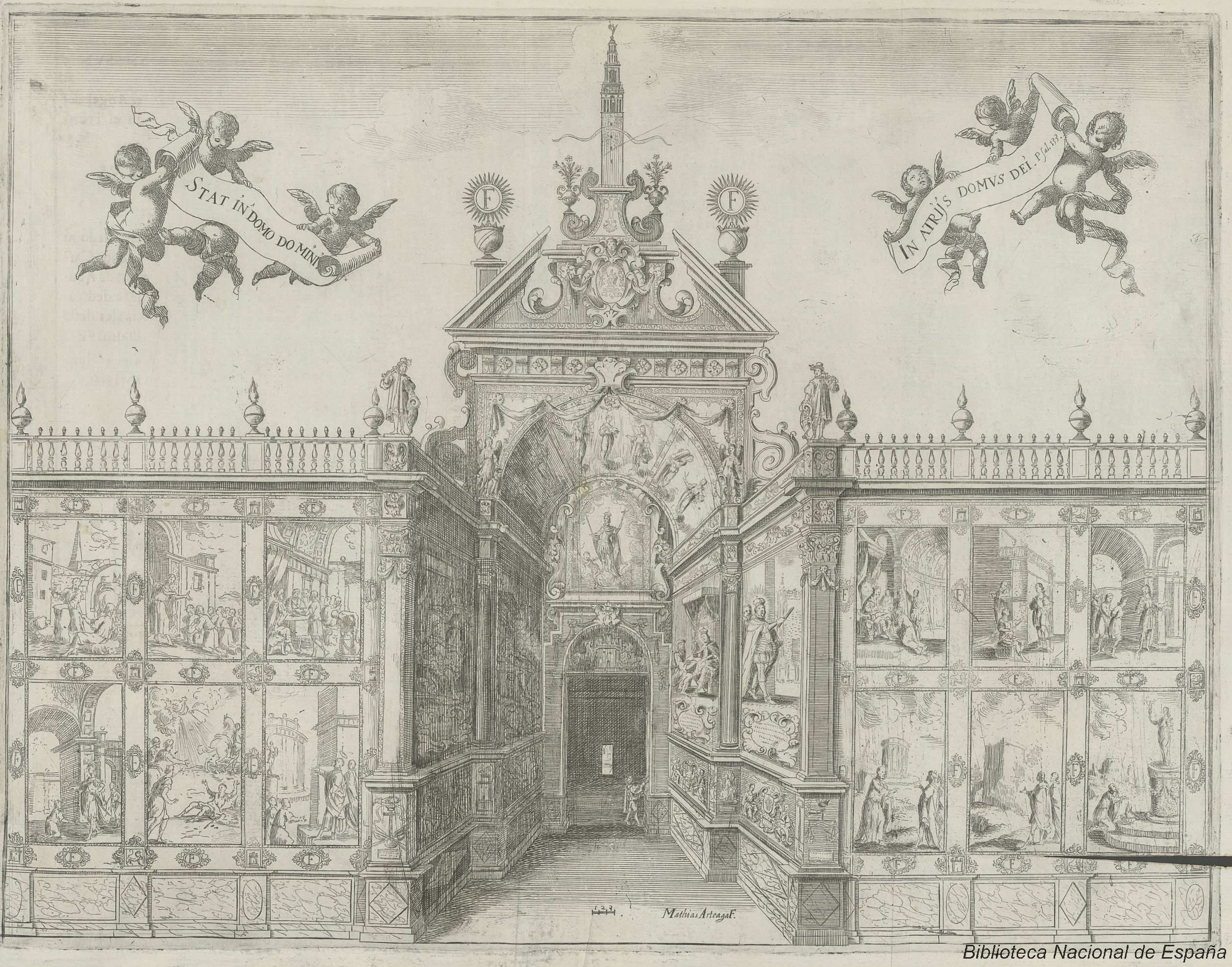 Decoración de la Portada del patio de los Naranjos de la catedral de Sevilla, en Fiestas… al nuevo culto del Señor Rey S. Fernando. F. de la Torre Farfán