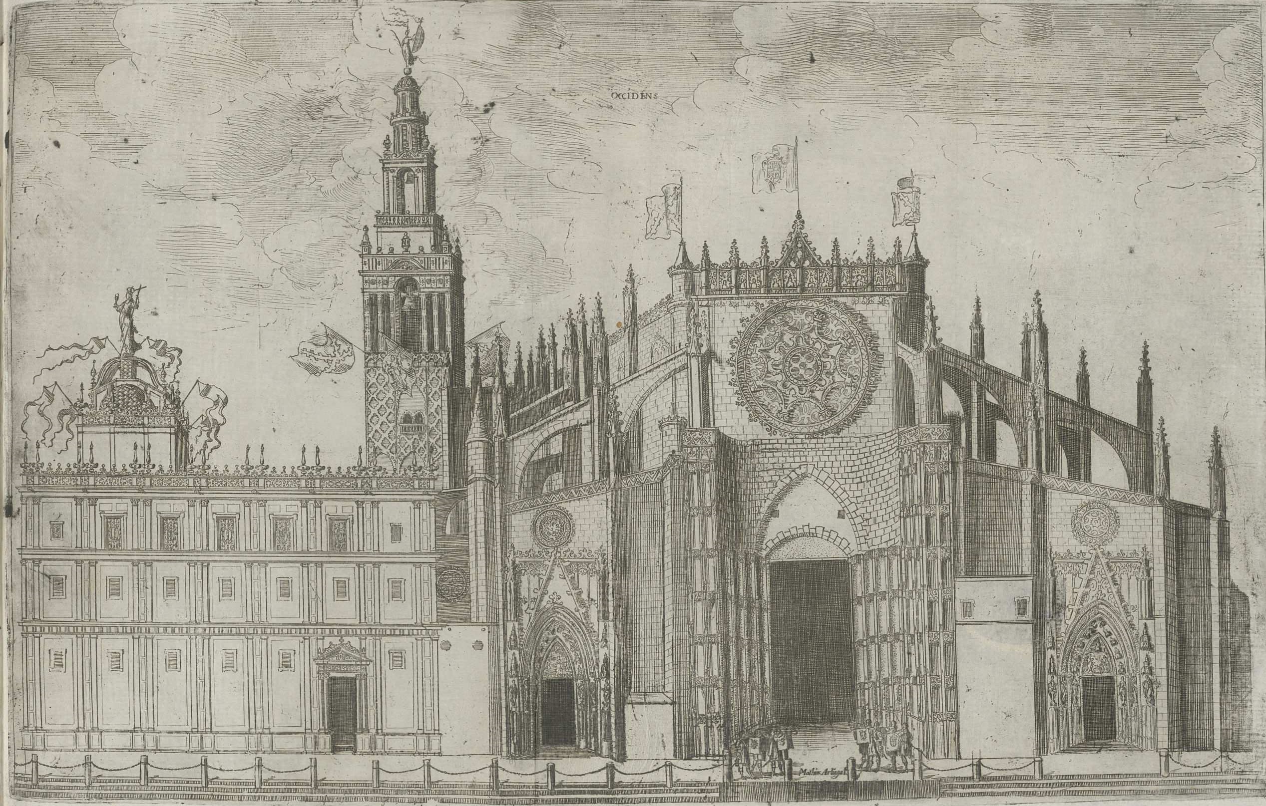 Fachada principal o de las Gradas de la catedral de Sevilla, en Fiestas… al nuevo culto del Señor Rey S. Fernando. F. de la Torre Farfán