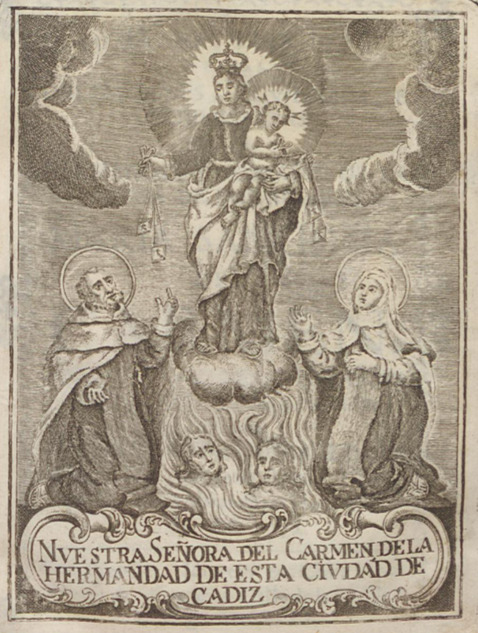 Virgen del Carmen flanqueada por dos santos y ánimas del purgatorio